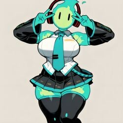 ai_generated big_breasts black_eyes busty clothed cosplay curvy double_peace_sign female female fire fire_elemental fuku_fire green_fire green_skin grey_background hatsune_miku_(cosplay) headphones no_mouth npc pixai simple_background skirt sleeveless_shirt sleeves solo thigh_boots tie undertale undertale_(series)