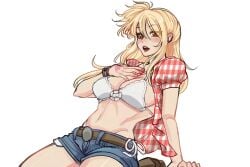 blonde_hair blue_shorts blush boots bra bracelet breasts brown_boots brown_eyes cleavage cosplay denim denim_shorts eyebrows_hidden_by_hair eyes_visible_through_hair fairy_tail female hand_on_ground hand_on_own_chest highres jewelry kwon_eun-bi kwon_eun-bi_(cosplay) large_breasts long_hair looking_to_the_side lucy_heartfilia navel open_clothes open_mouth open_shirt pink_nails pink_shirt puffy_sleeves rosavatar1 seiza shirt shorts side_ponytail sitting teeth thighs underwear upper_teeth_only white_background white_bra white_shirt