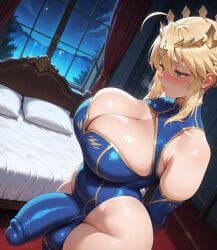 ai_art ai_generated artoria_pendragon artoria_pendragon_(lancer) blonde_hair breasts bulge bulge_through_clothing bulge_under_clothes civitai crown dickgirl dickgirl_only fate/grand_order fate_(series) futa_only futanari heavy_blush hi_res high_quality high_resolution highres huge_bulge large_breasts leotard looking_at_penis looking_down massive_breasts nervous nervous_expression nervous_face nervous_sweat patreon princess self_upload short_hair stable_diffusion twitter yuckle