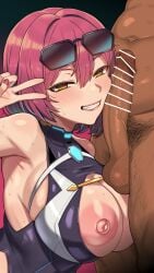 1boy absurdres armpits bar_censor black_leotard blush breasts censored commentary_request dark-skinned_male dark_skin eyewear_on_head female grin hair_intakes highres large_breasts leotard looking_at_viewer male_pubic_hair nipples nt00 original penis pubic_hair red_hair smile solo_focus straight sunglasses teeth testicles v variant_set yellow_eyes