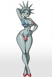 1futa 1girls ai_generated american_flag_bikini armpit bikini breasts bulge colored_skin crossed_ankles female futanari gradient_background grey_background hand_behind_head hand_on_hip high_heels jimojo lady_liberty legs_together lowleg lowleg_bikini narrow_waist navel no_sclera red_shoes shiny_skin skindentation slim_waist small_waist solo solo_futa stable_diffusion star_earrings statue_of_liberty toon_(style) toony white_background wide_hips
