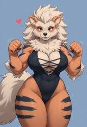 ai_art ai_generated anthro biceps big_breasts blonde_hair breasts canine cleavage ears_up female furry furry_female heart muscular_anthro muscular_female pokemon pokemon_(species) pokemonjackr posing_for_the_viewer tail thick_thighs