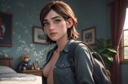 1girls ai_generated artist_name backpack bag bed bedroom blush breasts brown_hair curtains denim denim_jacket ellie_(the_last_of_us) ellie_williams female freckles green_eyes hi_res indoors jacket lips looking_at_viewer medium_breasts naughty_dog nipples no_bra nose open_clothes parted_lips progenarts realistic short_hair small_breasts solo stuffed_animal stuffed_toy teddy_bear the_last_of_us the_last_of_us_2 upper_body window