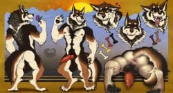 animal_genitalia animal_penis anthro anus artist_logo artist_name ass balls big_balls big_penis black_balls black_body black_fur black_sheath blush bodily_fluids brown_body brown_fur canid canine canine_genitalia canine_penis canis chumbasket closed_eyes dripping erection front_view fur gausswolf genital_fluids genitals grin logo looking_at_viewer male male_anthro mammal model_sheet muscular muscular_anthro muscular_male nipples nude open_mouth penis penis_backwards perineum precum precum_drip rear_view red_anus red_nipples red_penis red_tongue retracted_sheath saggy_balls sheath simple_background smile solo standing text tongue tongue_out white_body white_fur wolf yellow_eyes