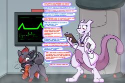 2026 3_fingers 3_toes anthro biped black_body blue_eyes blush bottomless butt canid clothed clothing coat dialogue digital_media_(artwork) english_text feet felid female feral fingers forced forced_transformation fur generation_1_pokemon generation_5_pokemon genitals grey_body grey_fur hi_res holding_object holding_pen id_card identity_death implied_transformation inside lab_coat legendary_pokemon looking_back looking_down mammal mewtwo nintendo open_mouth pen pokemon pokemon_(species) pokemon_speak pomiart pseudo_hair_over_eye purple_body quadruped red_eyes smile snout solo tail text toes topwear transformation vocal_tic vulva zorua