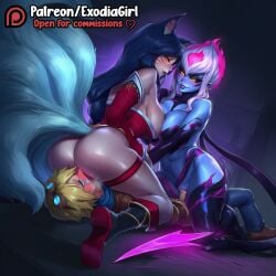 1boy 2girls ahri ai_generated big_breasts blush boob_squish breasts clothed clothing cowgirl_position cum_in_pussy dominant_female erection evelynn exodia_girl facesitting female female_on_top femdom fox_ears fox_girl fox_tail humiliation large_breasts league_of_legends male naked pussy pussy_licking raped reverse_spitroast riot_games rubbing_breasts sex smaller_male smile smirk struggling submissive_male tail tails taller_female taller_girl threesome vagina vaginal_penetration watermark