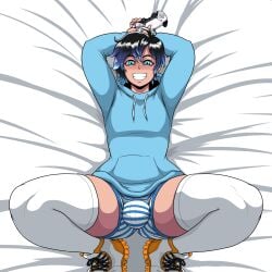 big_butt blue_hair bulge bulge_under_clothes commission femboy joystick light_blue_shirt light_skin male male_only ramita smile solo solo_male thick_thighs thighhighs