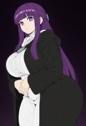 1girls ai_art ai_assisted ai_generated ass big_ass black_robe breasts civitai curvy dark_background female female_only fern_(sousou_no_frieren) flat_color flat_colors hands_on_stomach huge_ass huge_breasts light-skinned_female looking_at_viewer pink_eyes solo sousou_no_frieren style tubbai white_clothes