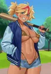 ai_generated baseball_bat bikini blonde_hair blue_eyes covered_nipples earrings grin gyaru hand_in_pocket highleg_panties jacket jagat_ai leopard_print leopard_print_bikini multicolored_hair nipple_bulge original original_character pubic_stubble solo solo_female streaked_hair tan toned_female twintails unzipped