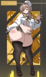 belly bready_(nikke) crowbotx female skirt thick_thighs writing_on_body
