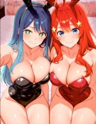 2girls ai_generated big_breasts blue_hair bunny_ears bunnysuit crossover go-toubun_no_hanayome kiririn-chan kurokawa_akane nakano_itsuki oshi_no_ko red_hair yuri yuri