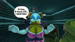 100acrew 1girls 2025 anthro bat_girl breasts chestplate dialogue female female_only gold_(metal) gold_jewelry hand_on_mouth hands_up looking_ahead mobian mobian_(species) rouge_the_bat scared scared_expression sega sfm sonic_(series) sonic_the_hedgehog_(series) source_filmmaker speech_bubble standing treasure treasure_chest white_hair