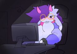 breasts breasts_out computer computer_monitor frozenfwomp furry horns looking_at_screen pink_horn purple_hair sitting sitting_on_chair sucking_nipples sucking_own_breasts tagme video