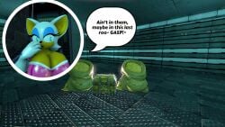 100acrew 1girls 2025 anthro bat_girl breasts chestplate clothes dialogue female female_only gold_(metal) gold_jewelry hand_on_mouth looking_ahead mobian mobian_(species) rouge_the_bat sega sfm sonic_(series) sonic_the_hedgehog_(series) source_filmmaker speech_bubble standing treasure treasure_chest white_hair
