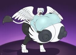absurd_res anthro areola avian badgerben big_breasts black_areola black_nipples bottomwear breasts clothing female gryphon hi_res huge_breasts huge_thighs hyper hyper_breasts mythological_avian mythological_creature mythology nipples pants shirt solo striped_body stripes thick_thighs topwear white_body wings