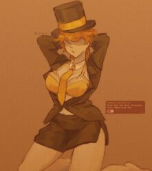 1girls bra breasts breasts_out female female_only hat hidden_eyes jacket_open mineshield on_knees pwgood rule_63 russian_text skirt suit tagme top_hat underwear yellow_bra yellow_tie yellow_underwear