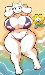 1boy ai_generated beach beach_background bikini black_eyes boss_monster breasts busty clothed curvy day eyelashes fangs female flower flowey_the_flower goat_ears goat_girl goat_horns hands_behind_head large_breasts laying_down laying_on_beach laying_on_ground male monster_girl mother pixai purple_bikini relaxing summer thick_thighs toriel undertale undertale_(series) water white_fur white_skin yellow_flower