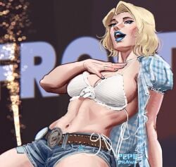 1girls arm_behind_back arm_raised arm_up artist_name belly_button big_breasts bikini_top blonde_female blonde_hair blue_eyes blue_lips blue_lipstick blue_nails bob_cut breasts busty cleavage cosplay curvy denim denim_shorts emma_frost emma_frost_(marvel_rivals) eyelashes female female_only flat_belly front_view gingham half-closed_eyes hand_on_chest hourglass_figure jean_shorts kwon_eun-bi kwon_eun-bi_(cosplay) large_breasts legs legs_apart light-skinned_female light_skin lipstick long_eyelashes looking_away looking_down marvel marvel_comics marvel_rivals mature mature_female medium_hair milf one_arm_up open_clothes open_mouth open_shirt open_topwear pepedraws pointy_nails ring shorts side_view small_waist teeth topwear upper_teeth viewed_from_front viewed_from_side x-men