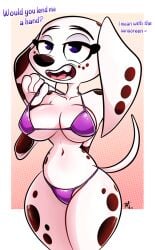 101_dalmatian_street 101_dalmatians 1girls 2025 anthro anthro_female anthro_focus anthro_only anthro_solo anthrofied anthropomorphic artist_signature attractive attractive_female bikini bikini_bottom bikini_top black_spots blue_eyes breasts canid canine canis cute_girl dalmatian digital_drawing_(artwork) digital_media_(artwork) disney dolly_(101_dalmatians) domestic_canine domestic_dog eyelashes fangs female female_anthro female_canine female_dog female_focus female_only female_solo furry furry_female furry_only furryart furrygirl hi_res high_resolution highres large_ears looking_at_viewer open_mouth open_smile pkbrnsh0ck_(artist) pulling pulling_clothing purple_bikini simple_background smile smiling smiling_at_viewer solo solo_anthro solo_female solo_focus spots spotted_body spotted_fur swimsuit swimwear tail talking talking_to_viewer thick_hips thick_legs thick_thighs white_body white_fur young young_female