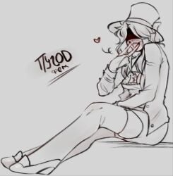 1girls cash female female_only hat heart_symbol hidden_eyes mineshield money_in_cleavage monochrome pwgood rule_63 russian_text shoes suit tagme text tongue_between_fingers tongue_out top_hat