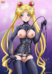 1girls bishoujo_senshi_sailor_moon breastless_clothes clitoris_piercing clothing crotchless_clothes dominatrix exposed_breasts female female_only latex_suit palcomix pierced_clitoris pierced_nipples sailor_moon slavetoon small_breasts solo stockings usagi_tsukino whip