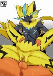 andromorph andromorph/male anthro big_clitoris blue_eyes bodily_fluids clitoris duo fur generation_7_pokemon genitals hi_res humanoid intersex intersex/male legendary_pokemon looking_down male mastectomy_scar nintendo orange_body orange_fur penis pokemon pokemon_(species) san_ruishin scar simple_background sweat trans_(lore) trans_man_(lore) vulva yellow_body yellow_fur zeraora