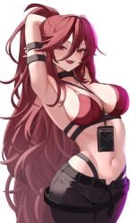 :d arm_behind_head arm_strap arm_up armpits arms_behind_head arms_up azur_lane bare_shoulders belt between_breasts bikini black_belt black_choker black_pants blush breasts cg choker cleavage cowboy_shot fangs female hair_between_eyes highleg id_card large_breasts long_hair looking_at_viewer maryland_(azur_lane) maryland_(red-hot_drummer)_(azur_lane) midriff navel o-ring o-ring_top open_fly open_mouth pants ponytail red_bikini red_eyes red_hair simple_background smile solo stomach swimsuit teeth very_long_hair white_background