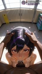 1boy 1girls :>= ai_generated big_hero_6 big_hero_6:_the_series black_hair blurry blush breasts brown_eyes censored completely_nude cum cum_in_mouth cum_overflow dark-skinned_male dark_skin deepthroat erection fellatio from_above gogo_tomago hair_between_eyes hands_on_another's_head head_grab heart indoors interracial irrumatio large_penis locker looking_at_viewer male_pubic_hair marvel marvel_comics medium_breasts meitabuu mosaic_censoring multicolored_hair navel nude oral penis pov pov_crotch pubic_hair purple_hair short_hair solo_focus straight streaked_hair sweat testicles uncensored