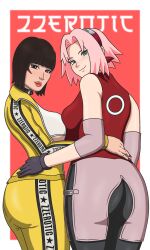 2025 2girls artist_name asian asian_female ass ass_grab big_ass big_breasts breasts clothed clothing eyelashes female free_fire gloves green_eyes jacket kelly_(free_fire) looking_at_viewer looking_back naruto naruto_(series) naruto_shippuden patito_zzero pink_hair pink_lipstick sakura_haruno short_hair voluptuous voluptuous_female