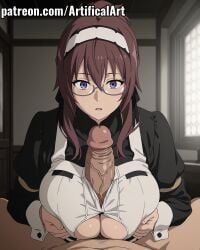 1boy 1girls ai_generated artifical_art big_breasts black_hairband blush folded_ponytail glasses hair_ornament hairband light-skinned_female light_skin lillia_greyrat long_hair maid maid_apron maid_outfit maid_uniform mature_female milf mommy mother mushoku_tensei mushoku_tensei:_isekai_ittara_honki_dasu paizuri penis penis_between_breasts perfect_body ponytail purple_eyes red_hair titjob titjob