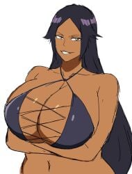 1girls 2d 2d_(artwork) 2d_artwork alternate_breast_size arms_crossed arms_crossed_under_breasts big_breasts bikini bikini_top bleach breasts breasts_bigger_than_head dark-skinned_female dark_purple_hair dark_skin digital_drawing_(artwork) digital_media_(artwork) female female_focus female_only hair_down large_breasts long_hair long_hair_female looking_at_viewer looking_pleasured momiji_(artist) navel pleasure_face shihouin_yoruichi smile smiling smiling_at_viewer solo solo_female solo_focus tan_body tan_skin white_background