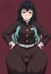 ai_generated aqua_eyes aqua_hair belt black_hair blush bulge bulge_through_clothing bulge_under_clothes chubby demon_slayer demon_slayer_uniform femboy hair_between_eyes hands_on_hips huge_ass huge_thighs long_hair muichiro_tokitou multicolored_hair smiling thick thick_ass thick_thighs thronart wide_hips