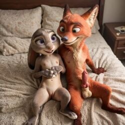 3d ai_generated bed cute_smile female fox judy_hopps knot nick_wilde pussy rabbit realistic smile zootopia