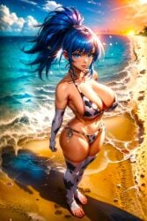 1girls ai_generated babe beach beautiful beautiful_females blue_hair_female clouds cow_print_armwear cow_print_bikini cow_print_thighhighs fanart fantasy female_focus king_of_fighters large_breasts leona_heidern looking_at_viewer ponytail sand sexy snk snk_heroines:_tag_team_frenzy solider solo stable_diffusion sunset thick_thighs toongenai video_games voluptuous_female