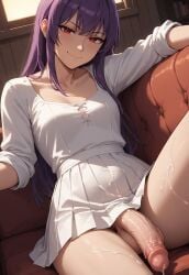 1futa ai_generated balls big_penis cum cum_on_leg cum_on_penis cumdrip flaccid futa_only futanari intersex jamesbron knee_up large_penis long_hair looking_at_viewer no_panties nurse_girl_(jamesbron) penis purple_hair reclining red_eyes sitting small_breasts smug solo solo_futa thighs white_dress wide_hips