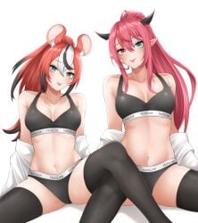 2girls animal_ears bitch bra breasts female hakos_baelz hololive hololive_english hololive_english_-council- hololive_english_-promise- horns irys irys_(hololive) large_breasts long_hair panties popcornflakes rat_ears rat_girl sluts spread_legs tongue tongue_out underwear virtual_youtuber