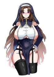 1girls bare_shoulders blue_eyes blush breasts brown_hair detached_sleeves eyebrows_visible_through_hair female female_only garter_belt garter_straps hand_on_hip huge_breasts limbus_company long_hair looking_at_viewer mole mole_on_breast no_bra nun nun_outfit panties project_moon rodion_(limbus_company) sideboob smile solo thighhighs underboob very_long_hair white_background 라아쿤_(raaccoon)