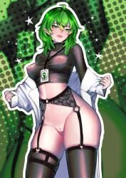 1girls badge cropped_shirt elf_ears female female_focus female_only garter_belt green_eyes green_hair id_badge mineshield solo solo_female solo_focus stockings tagme vmutya