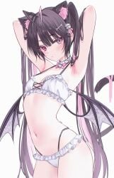 1girls armpits arms_up bikini cat_ears cat_tail collar fluffy_ears heterochromia long_hair oc original original_character pink_eyes purple_eyes tail wings zxcsque