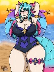 alternate_form blue_hair blush cygames dragalia_lost dragon dragon_girl dragon_horns dragon_tail gradient_hair klaxoboyo large_breasts mercury_(dragalia_lost) nintendo pink_eyes posing purple_hair swimsuit thick_thighs