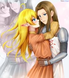 1boy absurdres ahoge almost_kissing armor belt blonde_hair blue_eyes blush brown_belt brown_gloves brown_hair chainmail commission commissioner_upload dress earrings elf embracing eye_contact eye_symbol female gloves highres hug imminent_kiss jewelry knight long_hair long_sleeves looking_at_another lori_hagami lotte_farona medieval official_art open_mouth orange_dress pointy_ears shirt short_sleeves shoulder_armor sidelocks simple_background sleeves_past_wrists smile stephanus_tavilrond straight sun_symbol surcoat tunic very_long_hair ways_of_darkness_(series) white_background white_tunic