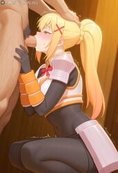 1boy ai_generated armor black_bodysuit blonde_hair blue_eyes blush bodystocking bodysuit breasts clothed_female_nude_male darkness_(konosuba) fellatio female green_eyes hair_ornament hand_on_another's_head indoors just_pepel kono_subarashii_sekai_ni_shukufuku_wo! long_hair male_pubic_hair nude oral patreon_username penis ponytail pubic_hair shoulder_armor squatting straight uncensored x_hair_ornament