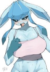 1girl absurdres animal_ears anthro anthro_female anthro_only big_breasts blue_sclera blush breasts camisole collarbone colored_sclera commentary_request eeveelution female female_focus female_only female_pubic_hair furry furry_female furry_only glaceon groin highres looking_at_viewer navel nintendo open_mouth out-of-frame_censoring pink_camisole pokemon pokemon_(species) pubic_hair shourin_bonzu simple_background solo solo_female tongue tongue_out twitter_link white_background white_eyes