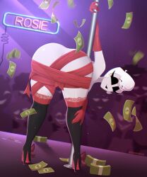 avianaress big_ass demon demon_girl hazbin_hotel high_heels large_ass money pale_skin rosie_(hazbin_hotel) short_hair smiling smiling_at_viewer stripper stripper_heels stripper_pole stripping thighhighs white_hair