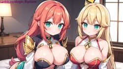 2girls aegis_elysium ai_art ai_generated armor bed bed_sheet blonde_hair blush blushing_at_viewer breasts building cleavage day dress earrings female female_focus gem gloves green_eyes hair_ornament headpiece highres huge_breasts indoors jewelry large_breasts light long_hair looking_at_viewer morning navel original original_character patreon patreon_username princess red_hair room skindentation sky solo solo_focus starry_sky stars table thick thick_breasts tiara very_long_hair window windows