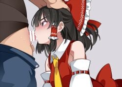 1boy ascot bar_censor black_hair bow censored commentary_request cum cum_in_mouth cum_overflow detached_sleeves fellatio female frilled_bow frilled_hair_tubes frills grey_background hair_tubes hairbow hakurei_reimu hammer_(sunset_beach) hands_on_another's_head oral red_bow short_hair simple_background solo_focus straight touhou white_sleeves yellow_ascot