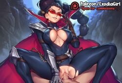 1boy 1girls ai_generated big_breasts breasts clothed clothing cowgirl_position cum_in_pussy dominant_female exodia_girl female_on_top femdom glasses large_breasts larger_female league_of_legends pov pov_eye_contact pov_male pussy riot_games sex smaller_male smile smirk spread_legs submissive_male taller_female taller_girl vagina vaginal_penetration vayne watermark