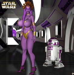 1girls 3d alien alien_girl astromech_droid bald bare_shoulders big_breasts bikini bikini_bottom bracer busty choker cleavage curvy detailed_background droid english_text eyelashes female gray_eyes headgear high_heels hourglass_figure humanoid indoors inside looking_at_viewer mammal marking midriff nail_polish pose posing purple_skin queen queen_kinsa_d_ukal robot room royalty shiny shiny_skin solo standing star_wars text thong twi'lek voluptuous wide_hips xskullheadx