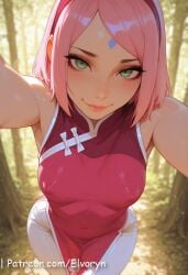 1girls ai_generated armpits big_breasts bob_cut boruto:_naruto_next_generations bracelet breasts busty clothed clothing crop_top curvaceous curvy detailed_background dress elvoryn female female_only forehead_jewel forehead_mark fully_clothed green_eyes highres hourglass_figure human jewelry large_breasts lipstick looking_at_viewer makeup mature mature_female medium_hair milf naruto naruto_(series) outdoors outside panties peace_sign pink_hair pink_lips pink_lipstick pinup pose posing realistic sakura_haruno selfie shoulder_length_hair sleeveless sleeveless_dress solo tight_clothing tight_pants voluptuous wide_hips