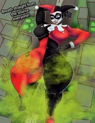 batman_(series) big_breasts blue_eyes city dc_comics destruction destruction_of_property fart fart_cloud fart_everywhere fart_fetish farting_on_another giantess harley_quinn harley_quinn_(classic) huge_thighs inexorablecompulsio jester jester_outfit laying_on_back thick_thighs tight_clothing